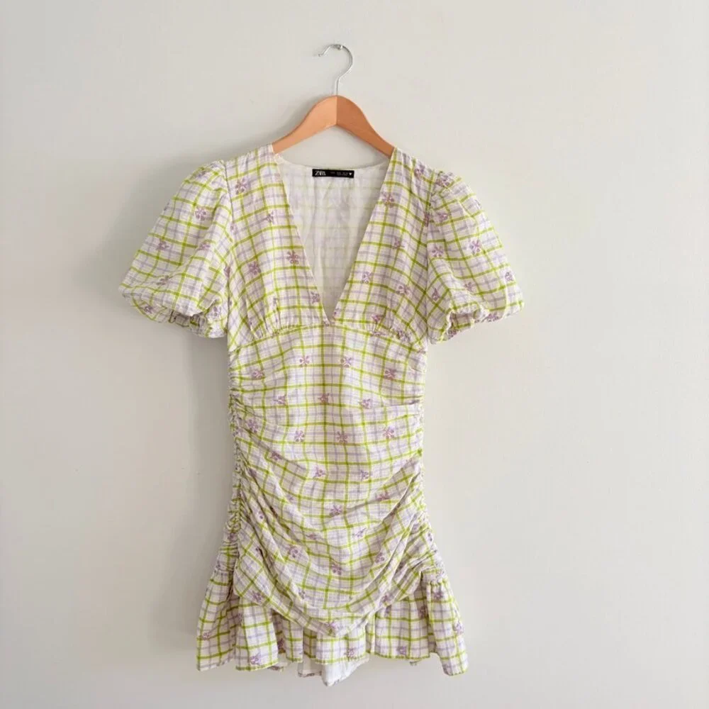 Zara Draped Checkered Mini Dress White Green Purple Size Small - Picture 3 of 7